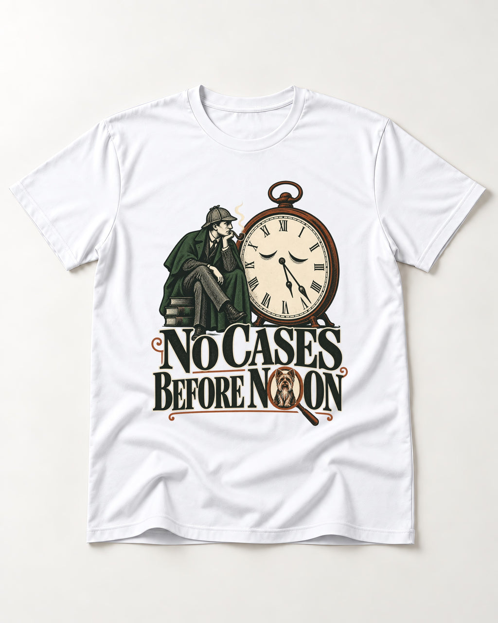 No Cases Before Noon Yorkshire Terrier T-Shirt in White, flat lay product photo