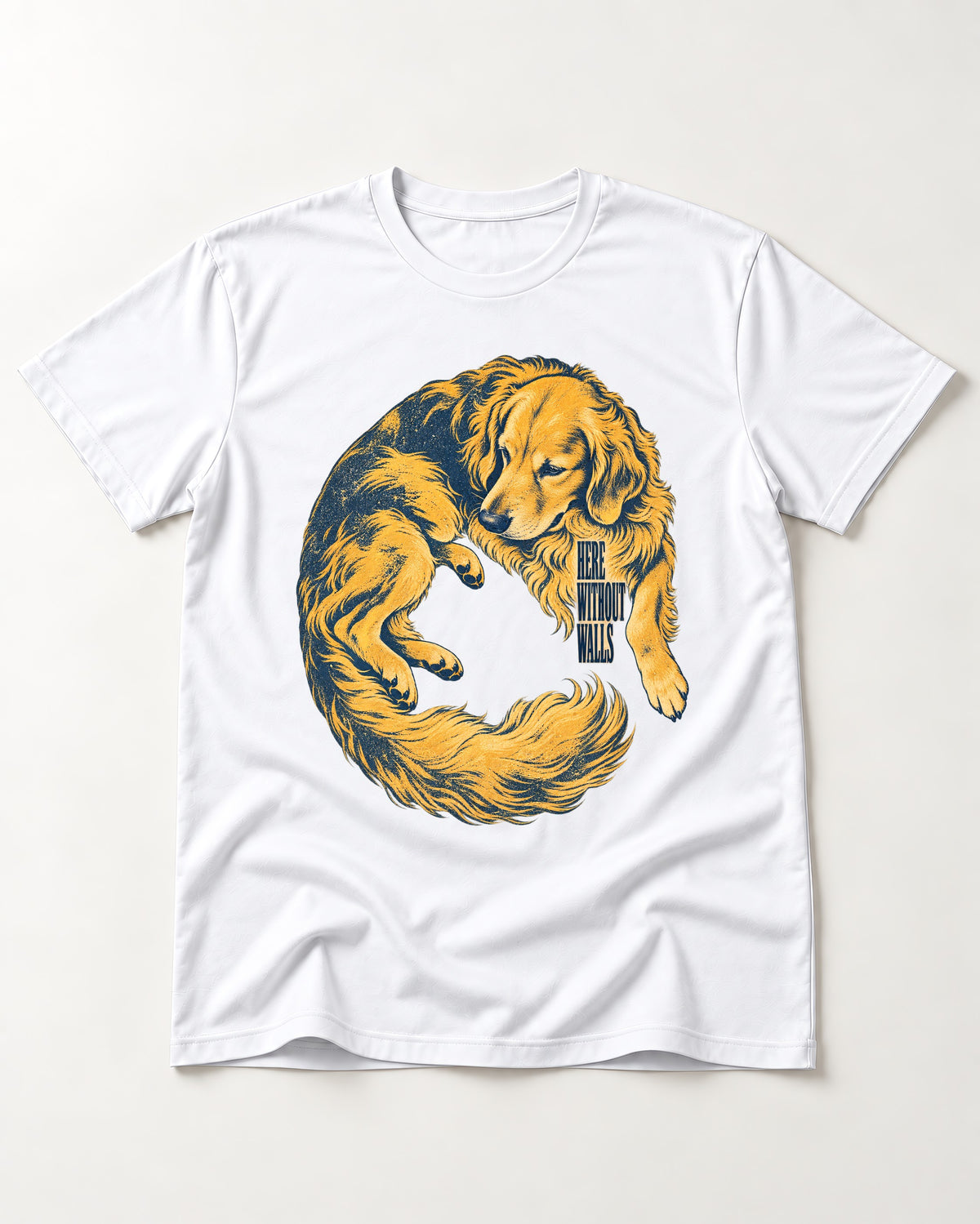 Golden Retriever Here Without Walls Curled Portrait Graphic T-Shirt in White, flat lay product photo