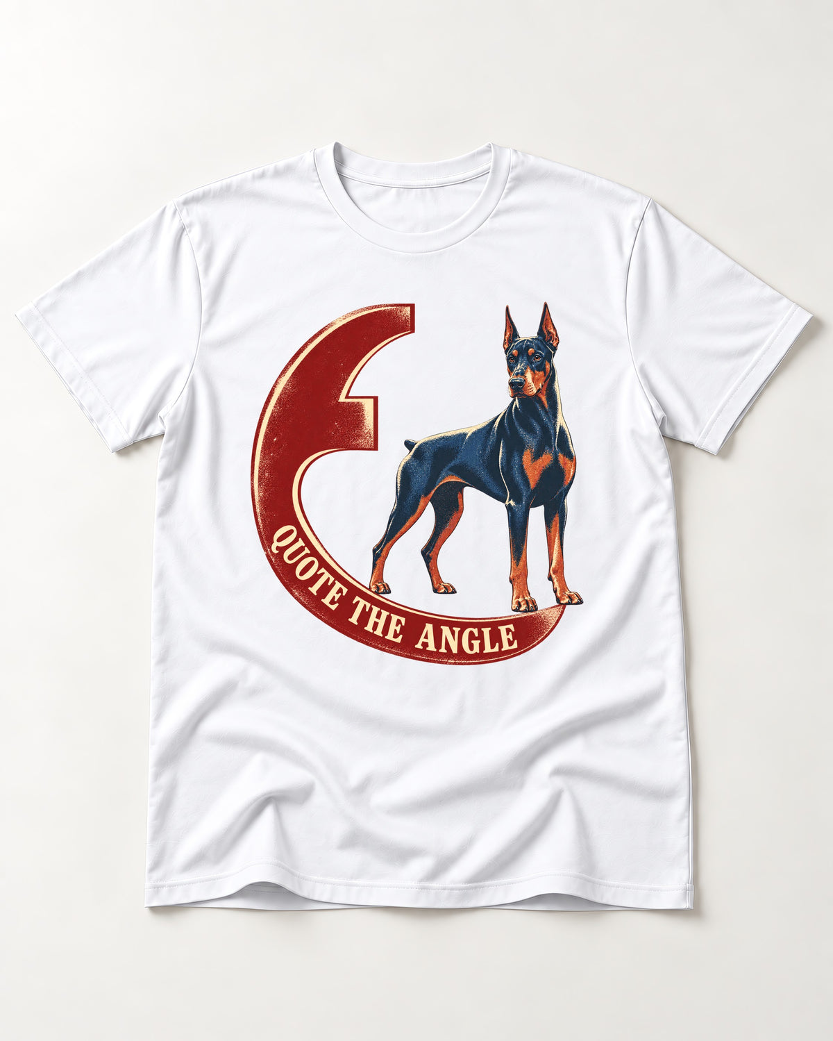 Doberman Quote the Angle Crescent Graphic T-Shirt in White, flat lay product photo
