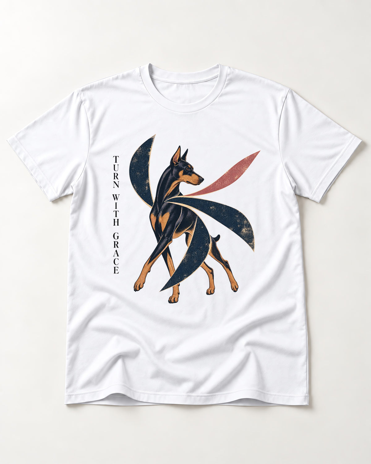 Turn with Doberman Grace T-Shirt in White, flat lay product photo