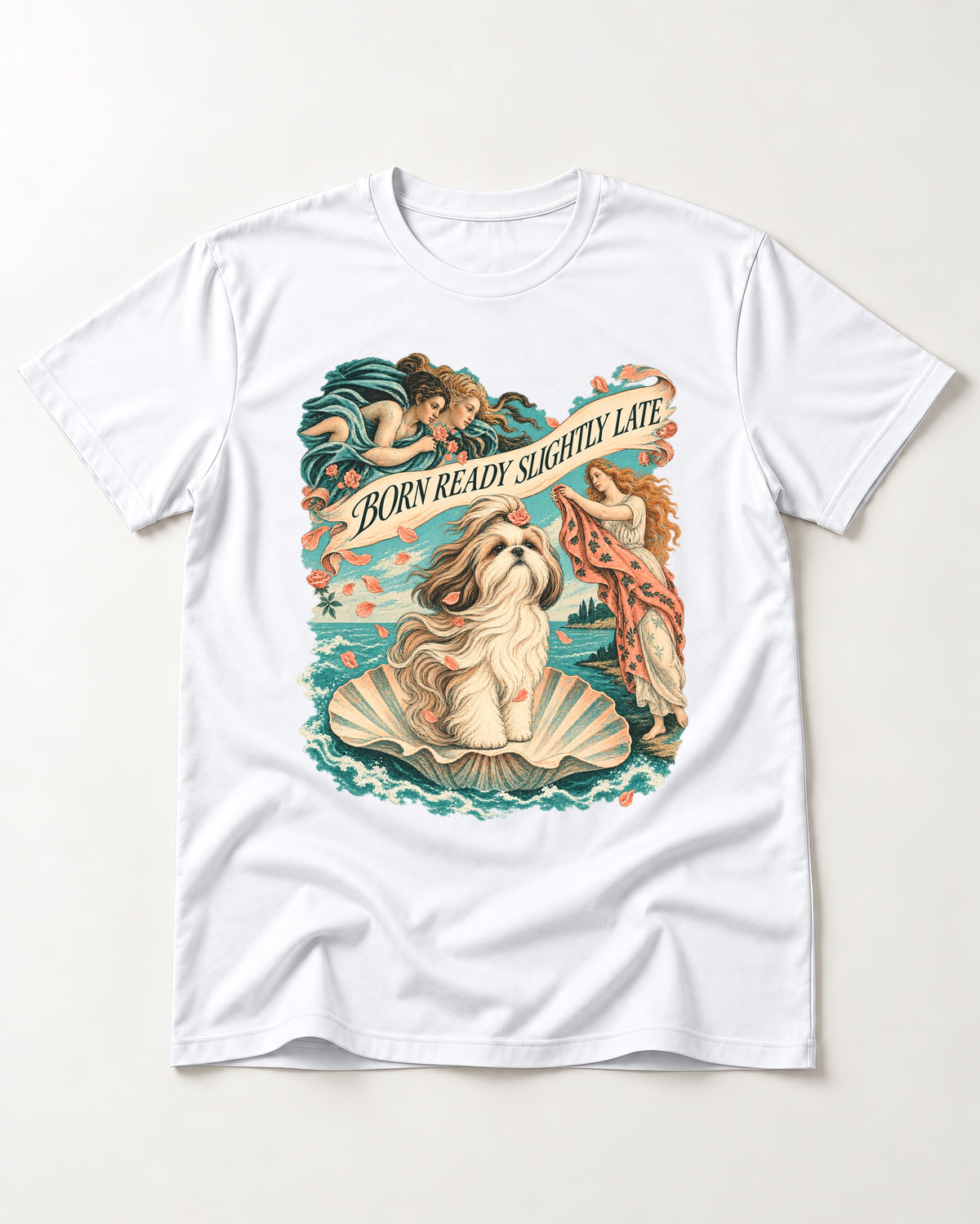 Shih Tzu Born Ready Slightly Late Venus Graphic T-Shirt in White, flat lay product photo