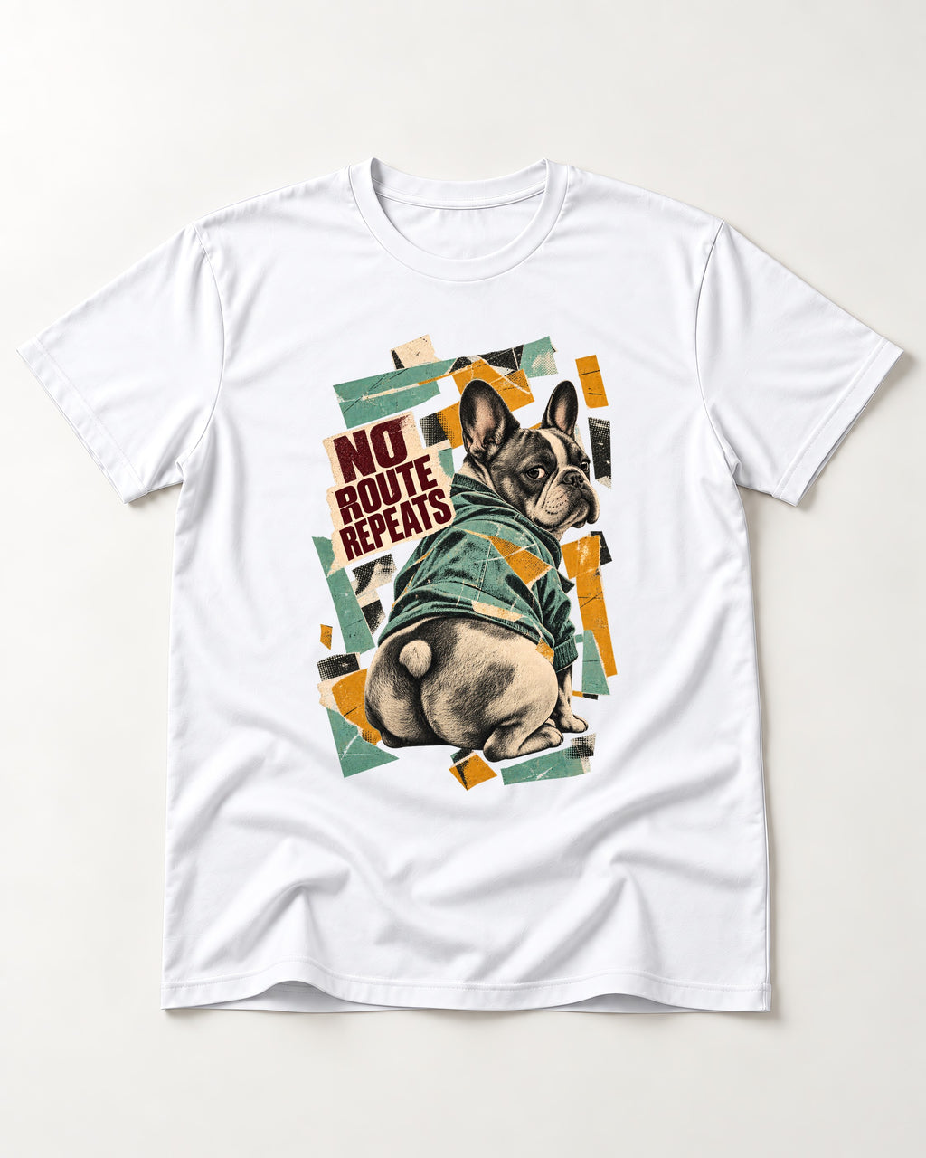 No Route Repeats Frenchie T-Shirt in White, flat lay product photo