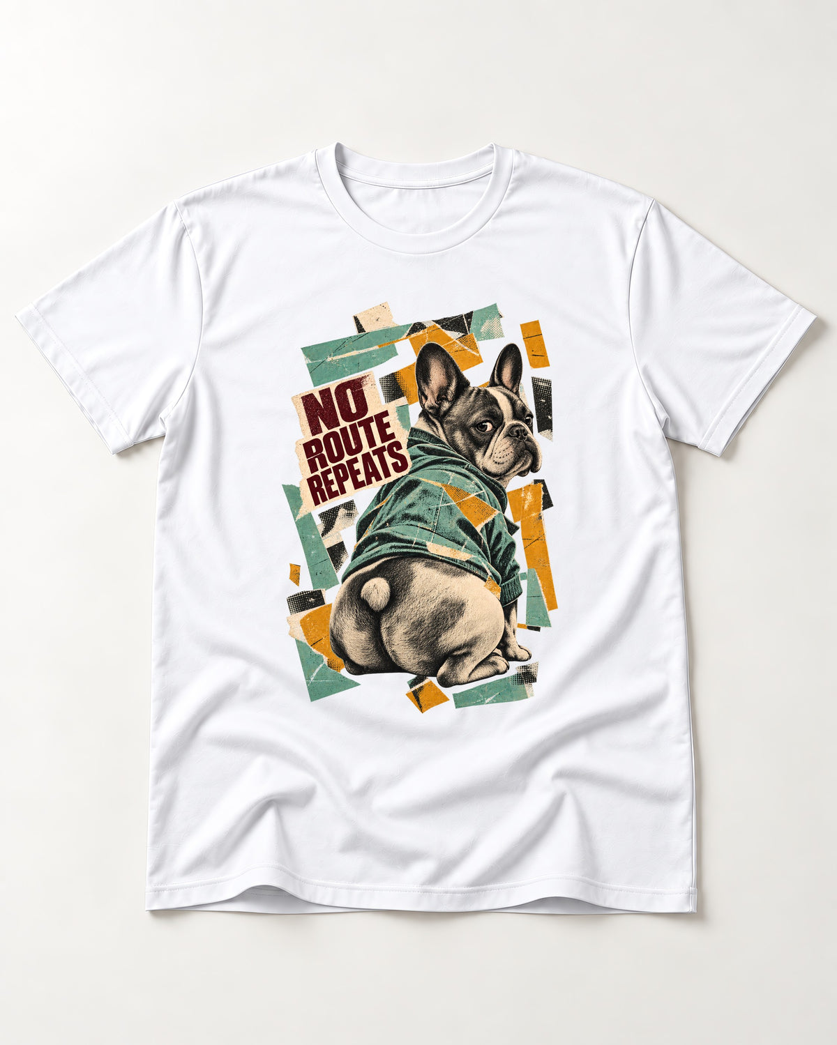 No Route Repeats Frenchie T-Shirt in White, flat lay product photo