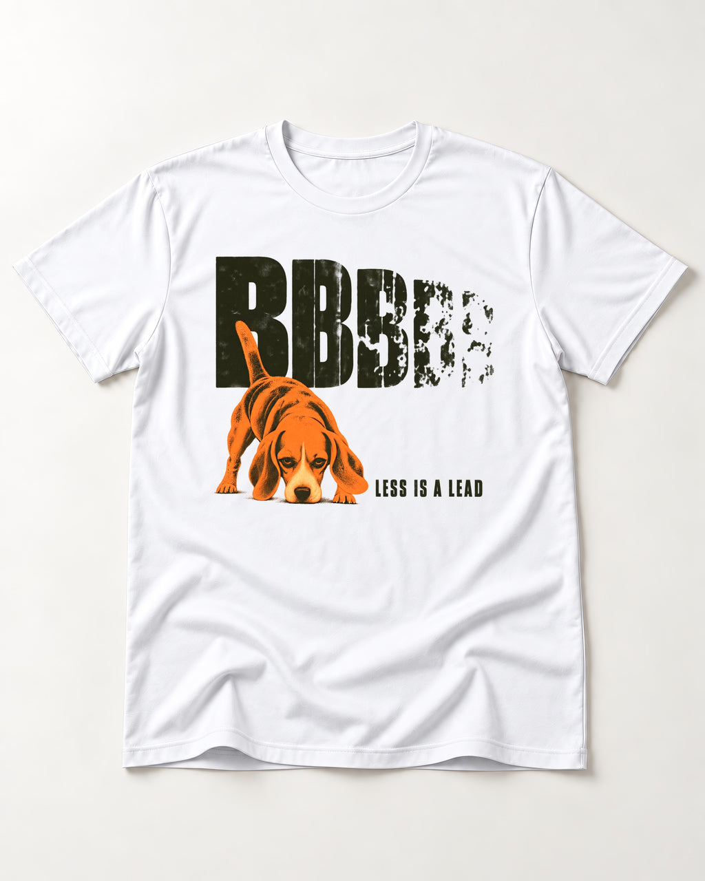 Less Is a Lead Beagle T-Shirt in White, flat lay product photo