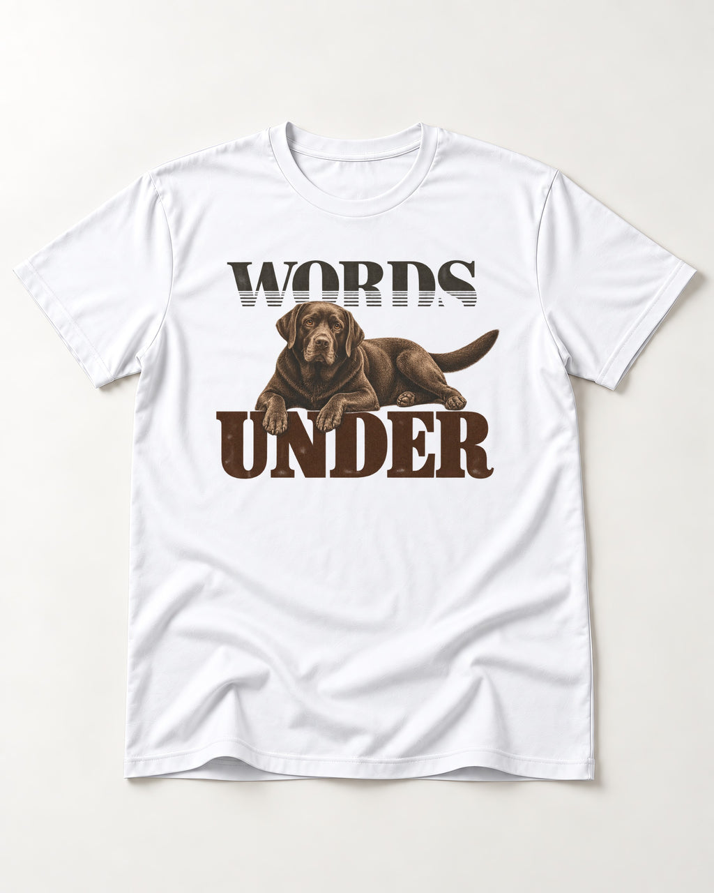 Words Under Labrador Retriever T-Shirt in White, flat lay product photo