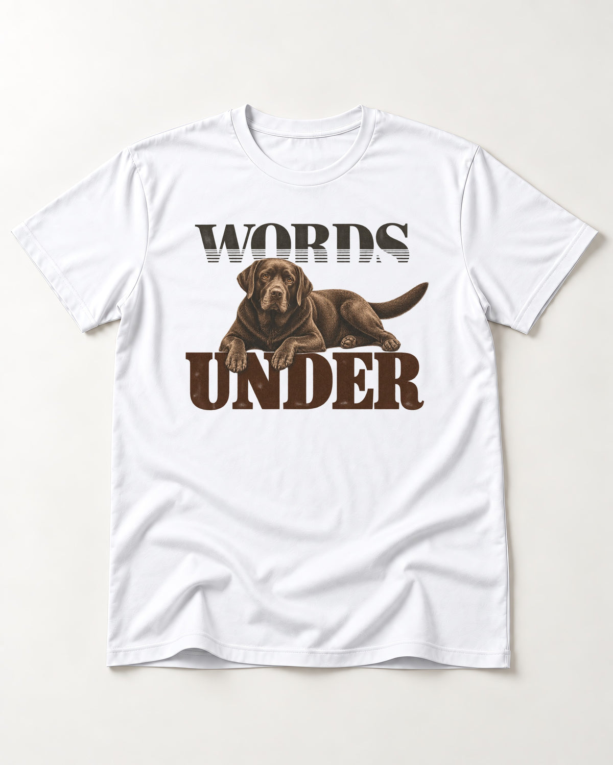 Words Under Labrador Retriever T-Shirt in White, flat lay product photo