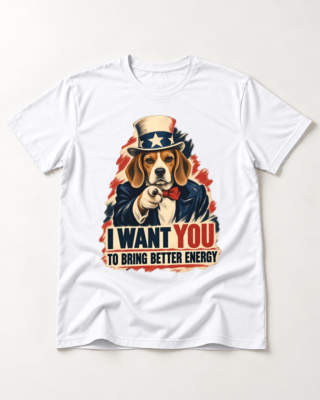 Bring Better Energy Beagle Uncle Sam T-Shirt in White, flat lay product photo