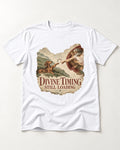 Dachshund's Divine Timing T-Shirt in White, flat lay product photo