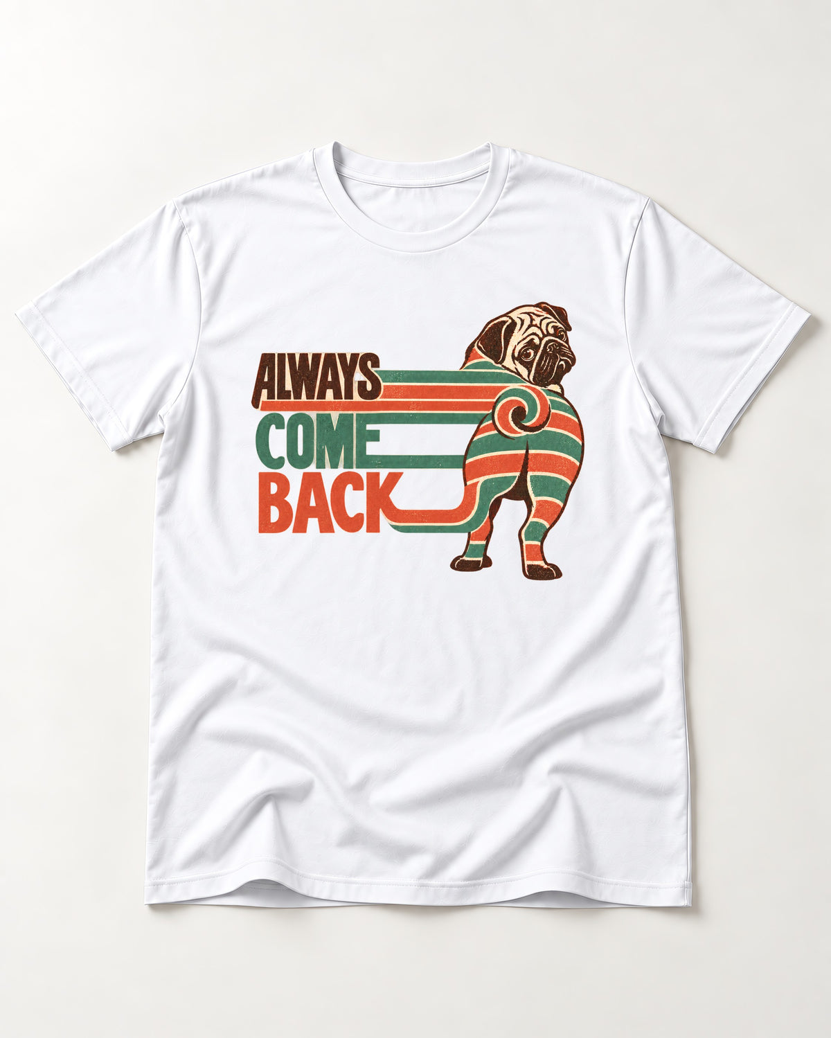 Pug Always Come Back Striped Body Graphic T-Shirt in White, flat lay product photo