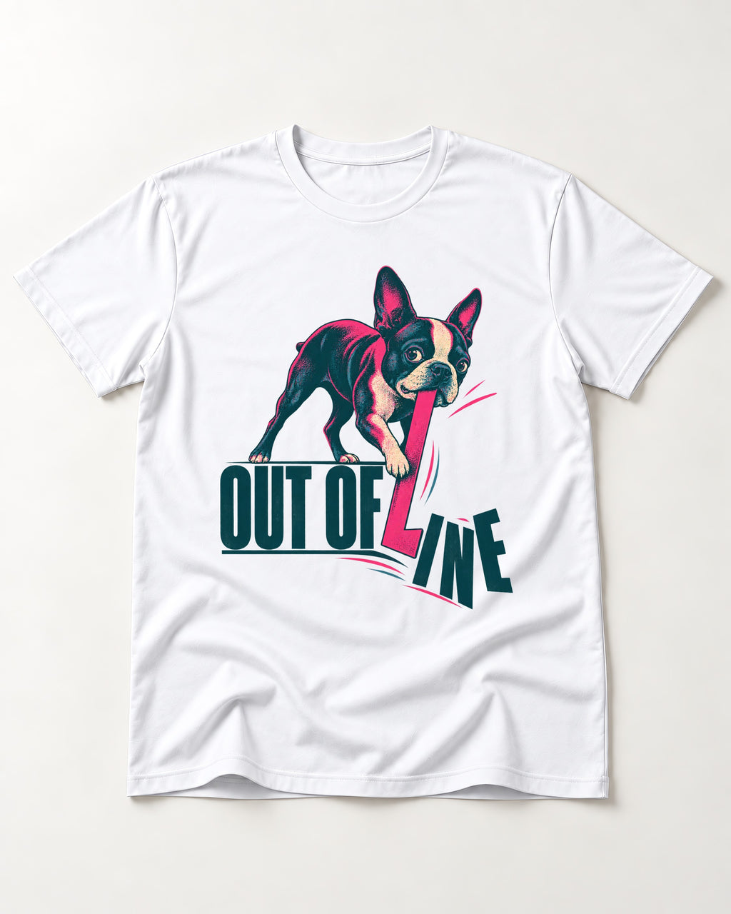 Boston Terrier Out of Line T-Shirt in White, flat lay product photo