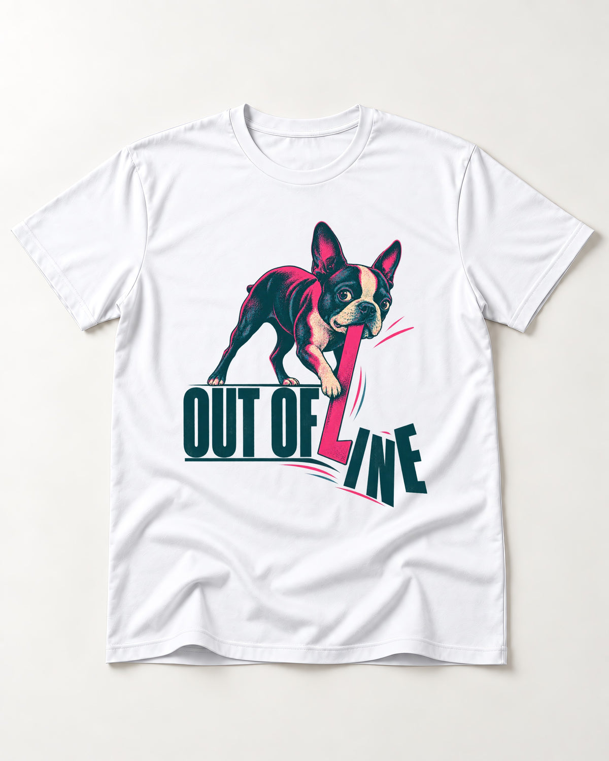 Boston Terrier Out of Line T-Shirt in White, flat lay product photo