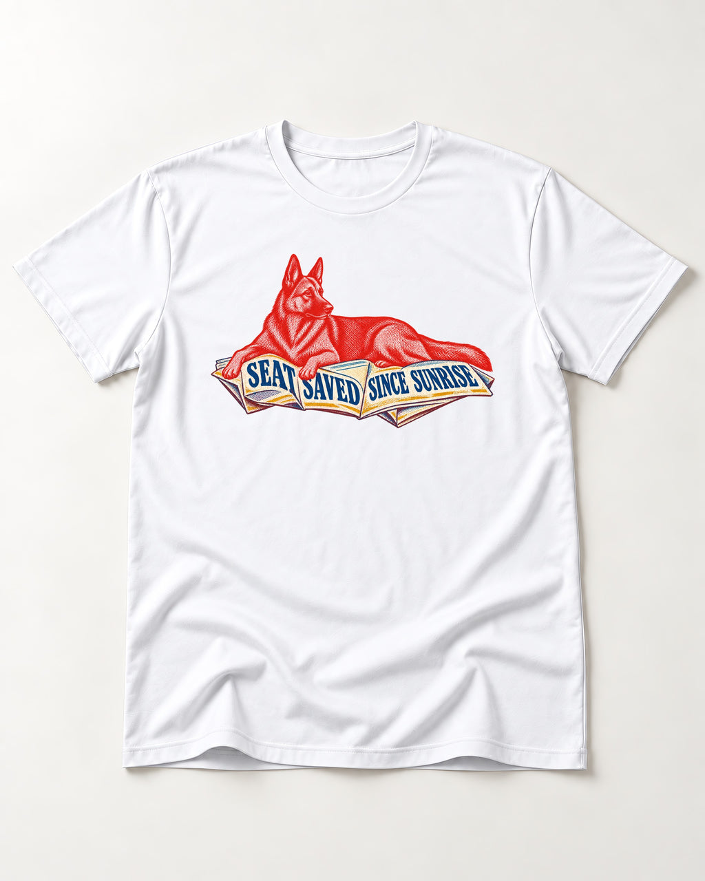 Seat Saved Since Sunrise German Shepherd Dog T-Shirt in White, flat lay product photo