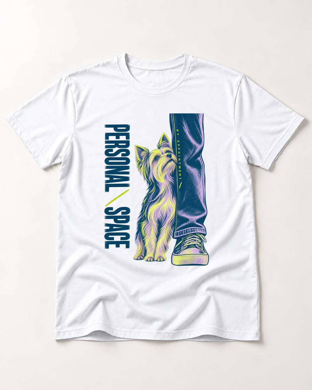 Yorkshire Terrier Personal Space by Appointment T-Shirt in White, flat lay product photo