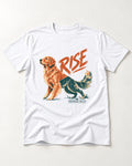 Golden Retriever Rise Through Quiet T-Shirt in White, flat lay product photo