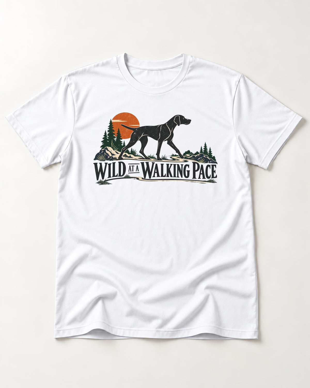 Wild at a Walk German Shorthaired Pointer T-Shirt in White, flat lay product photo