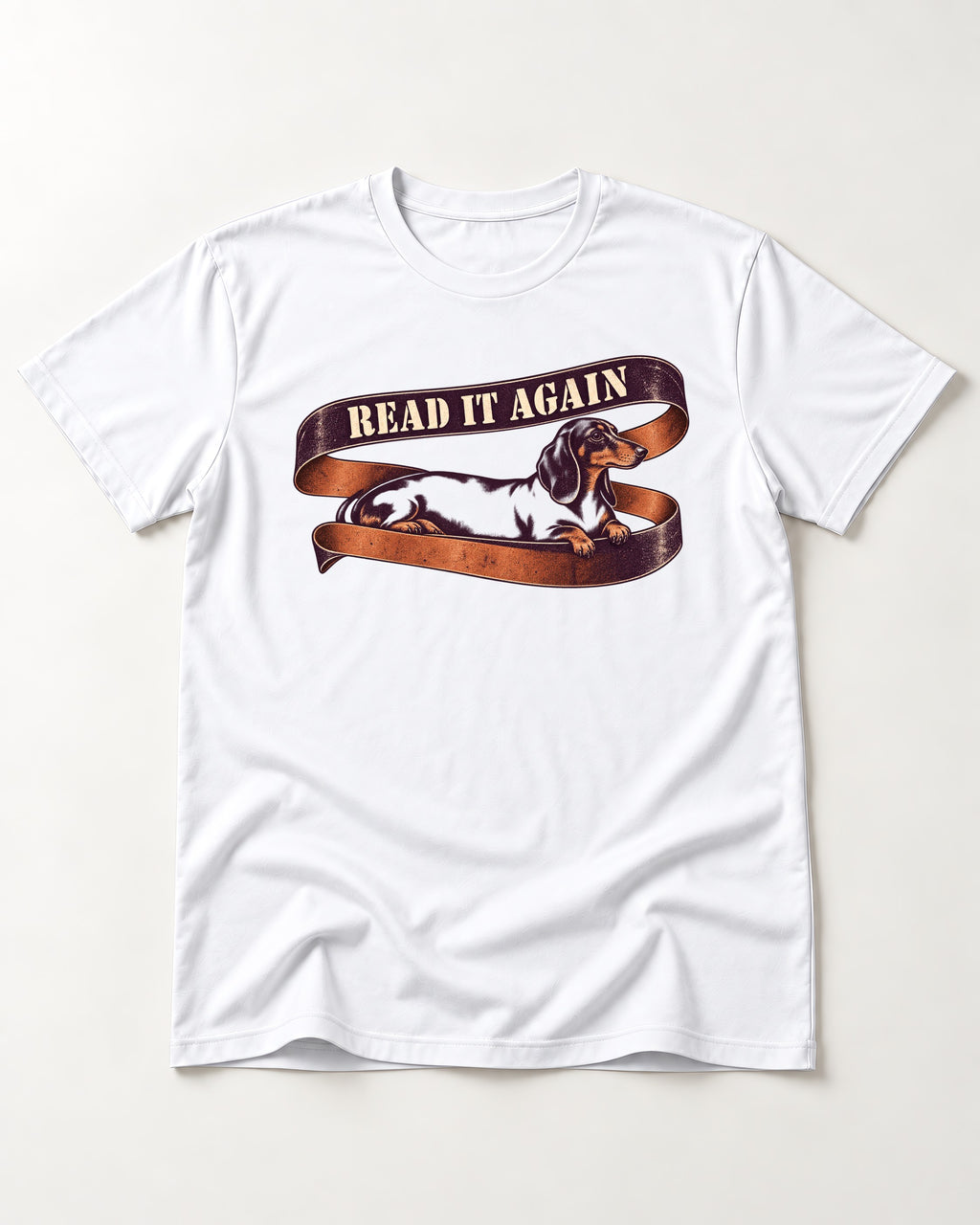 Read It Again Dachshund T-Shirt in White, flat lay product photo