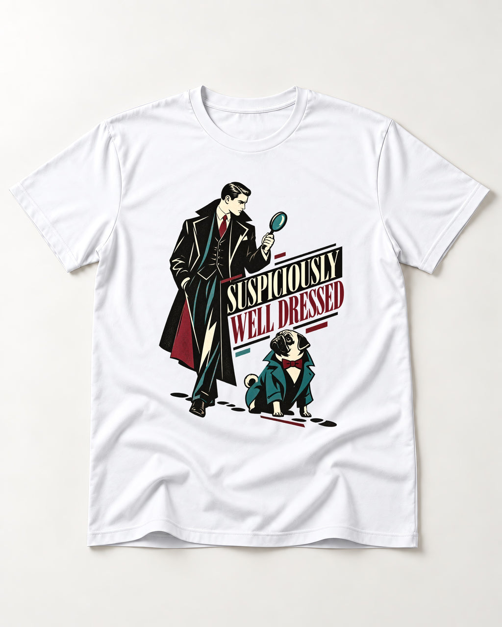 Suspiciously Well Dressed Pug T-Shirt in White, flat lay product photo