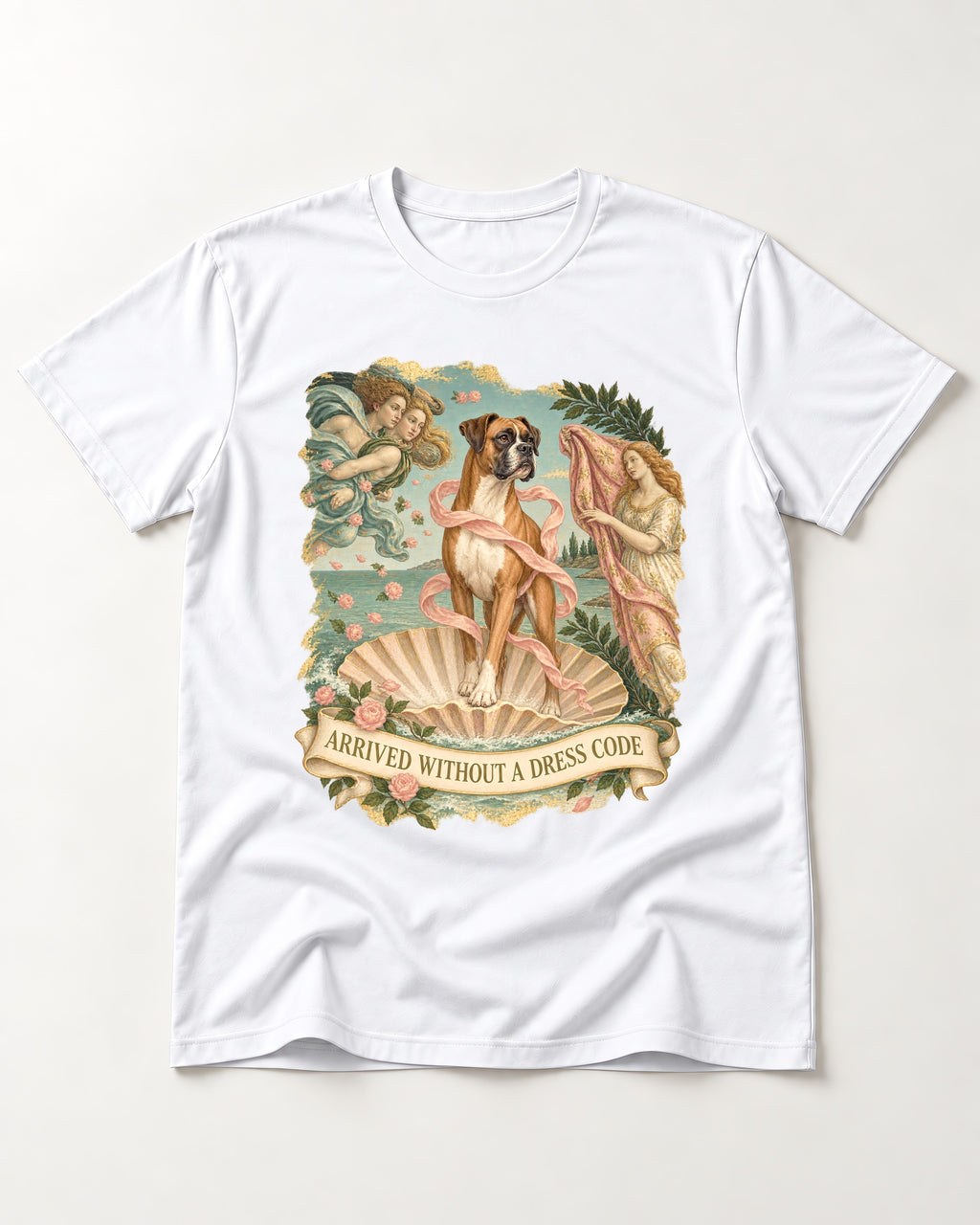 Arrived Without a Dress Code Boxer Classical Collage T-Shirt in White, flat lay product photo