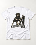 Rottweiler Stand with Force T-Shirt in White, flat lay product photo
