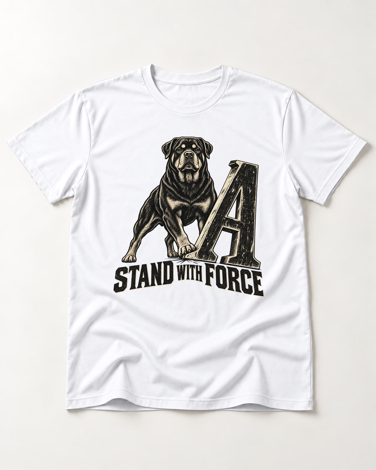 Rottweiler Stand with Force T-Shirt in White, flat lay product photo