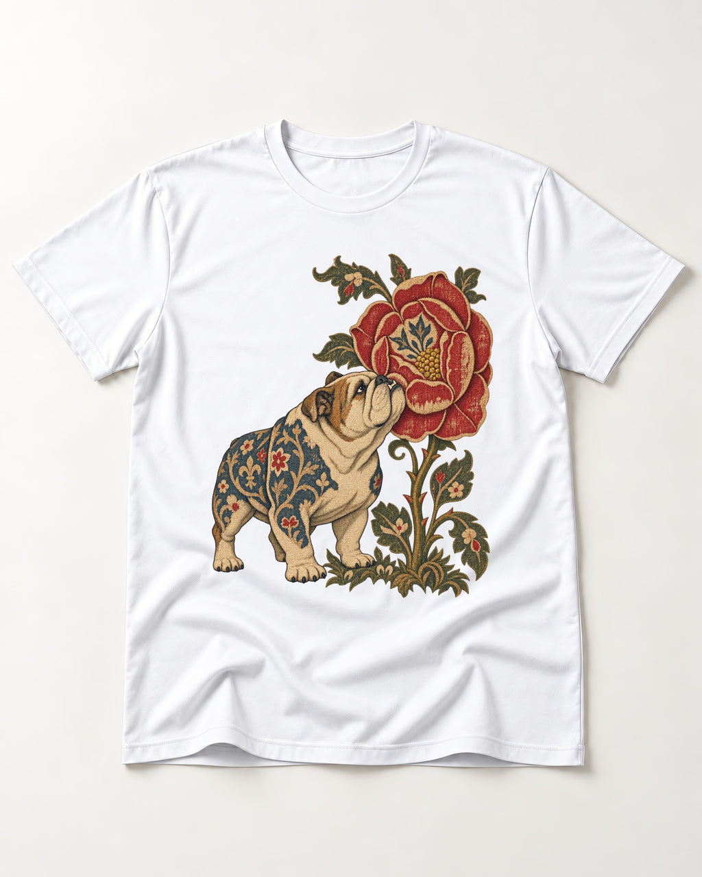 English Bulldog Tender Devotion T-Shirt in White, flat lay product photo