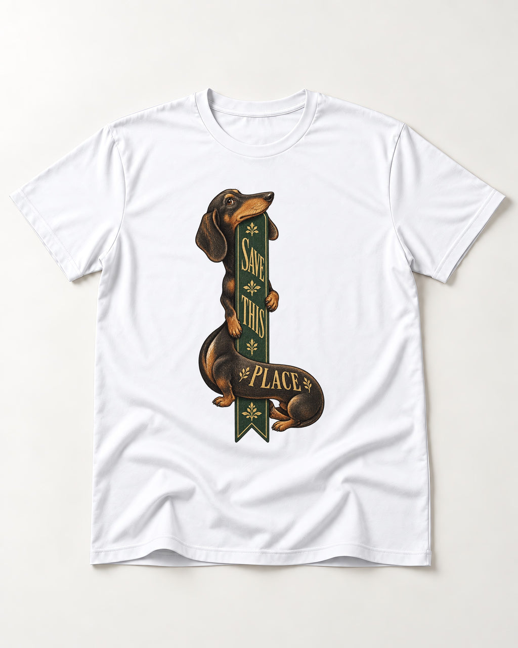 Save This Place Dachshund T-Shirt in White, flat lay product photo