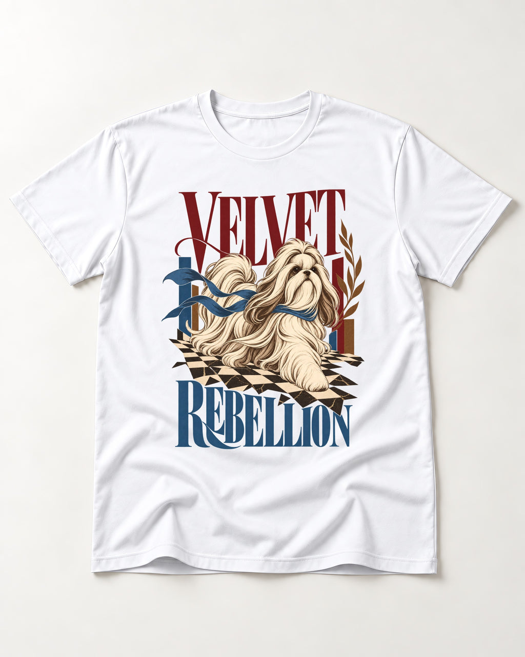 Shih Tzu Velvet Rebellion Checkerboard Graphic T-Shirt in White, flat lay product photo