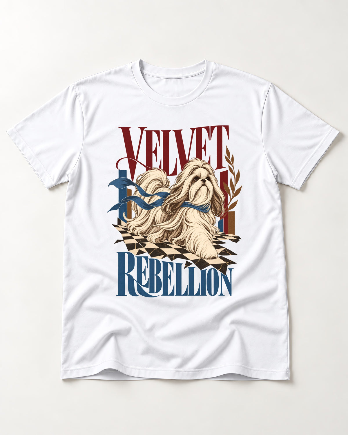 Shih Tzu Velvet Rebellion Checkerboard Graphic T-Shirt in White, flat lay product photo