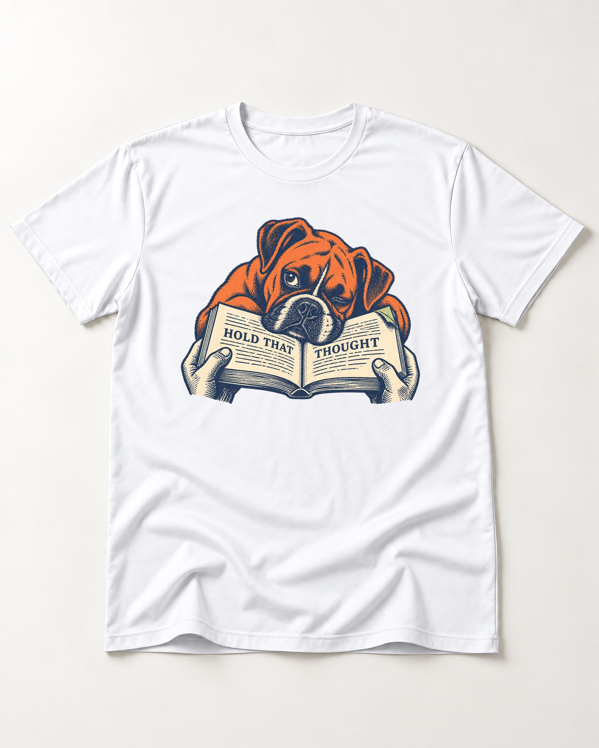 Boxer Hold That Thought T-Shirt in White, flat lay product photo