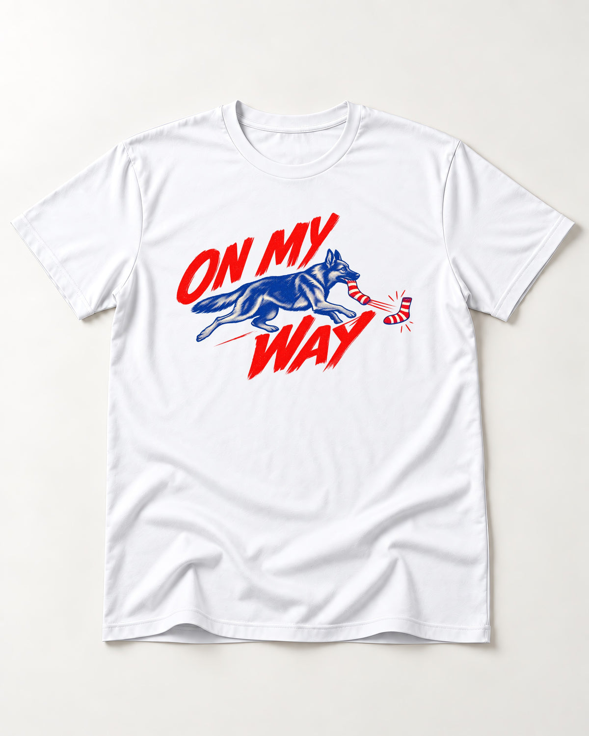 German Shepherd Dog On My Way Sock Chase Graphic T-Shirt in White, flat lay product photo