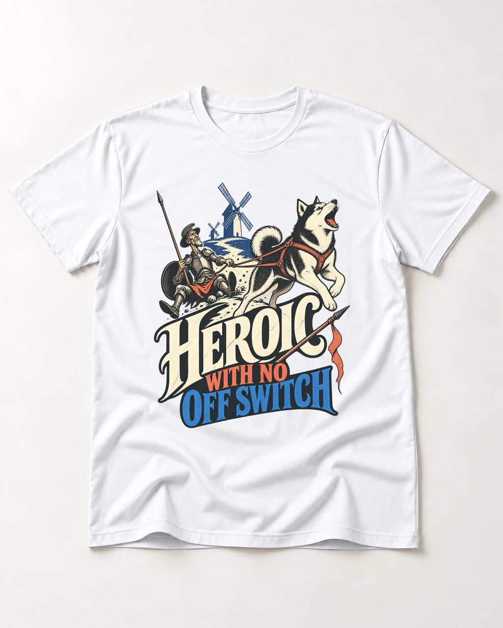 Husky Heroic with No Off Switch Don Quixote Graphic T-Shirt in White, flat lay product photo