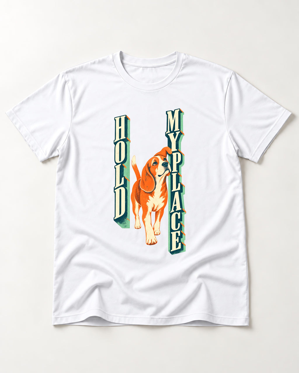 Vintage Beagle Hold My Place T-Shirt in White, flat lay product photo
