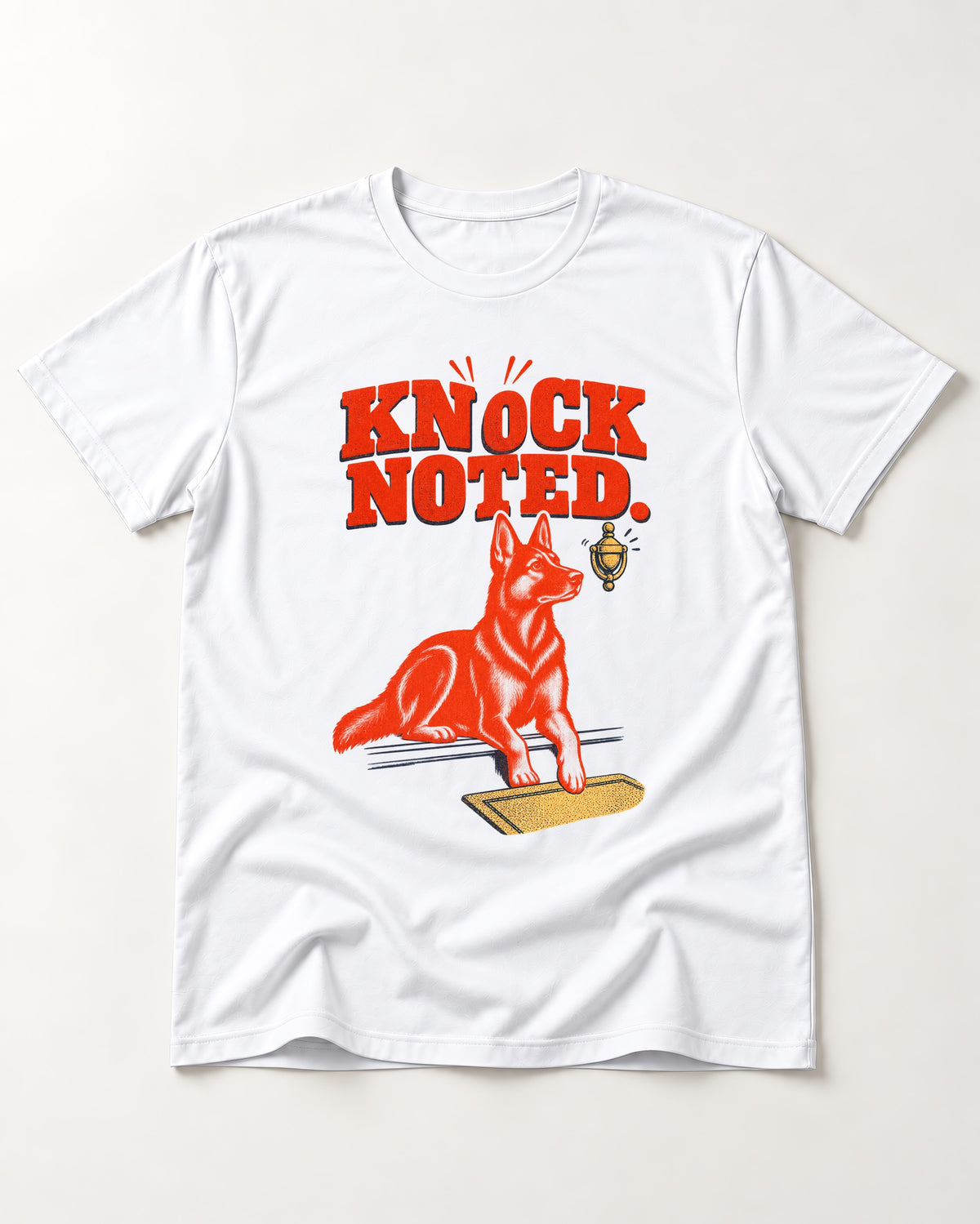 Knock Noted Door Knocker German Shepherd Dog Graphic T-Shirt in White, flat lay product photo