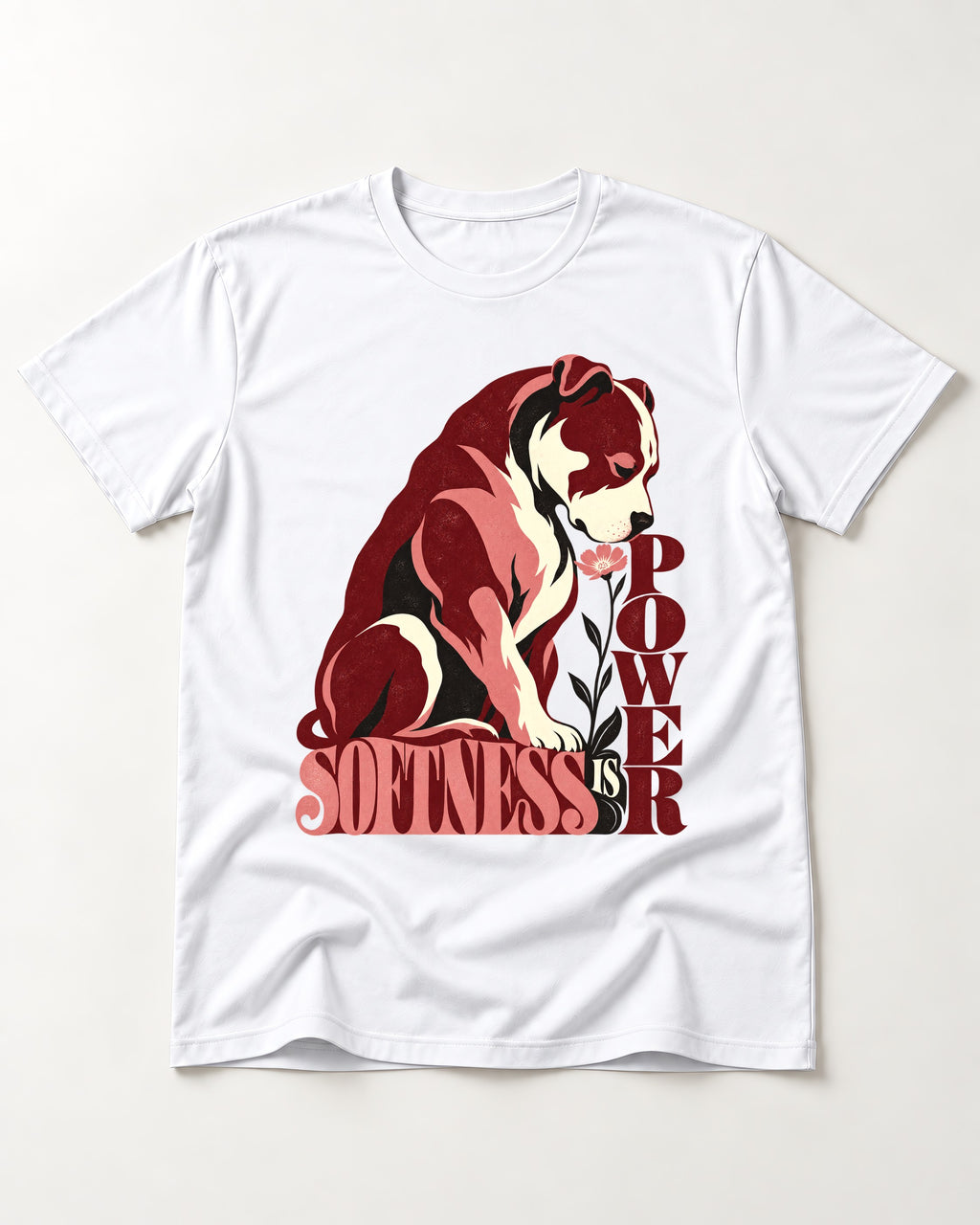 Pitbull Softness Is Power Flower Graphic T-Shirt in White, flat lay product photo