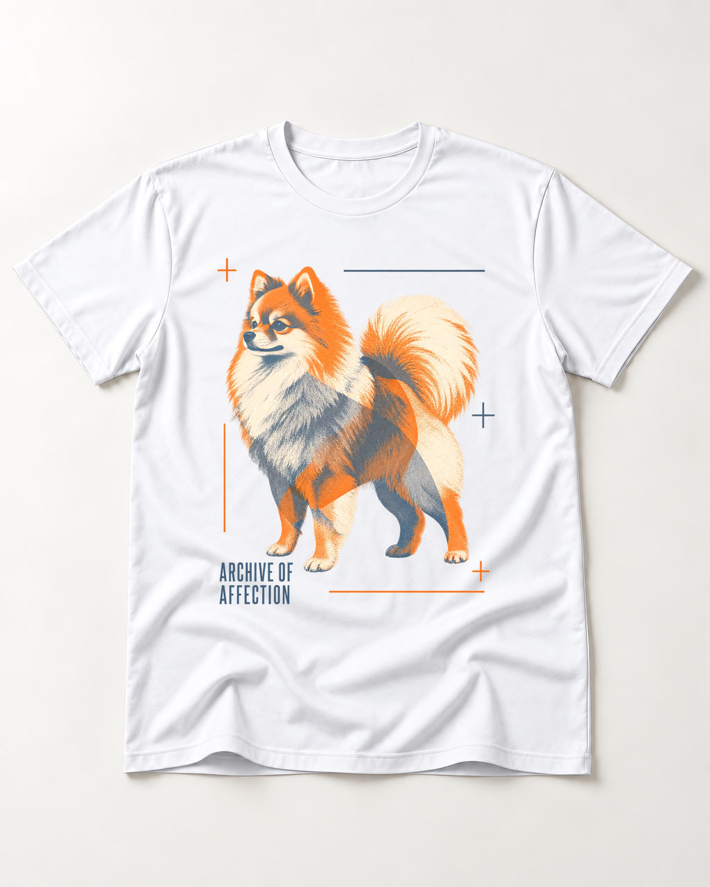 Pomeranian Archive of Affection T-Shirt in White, flat lay product photo