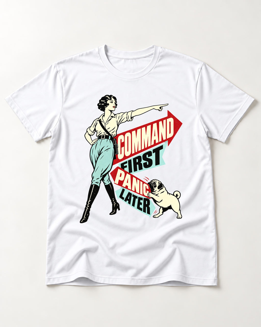 Pug Command First Panic Later Directional Graphic T-Shirt in White, flat lay product photo