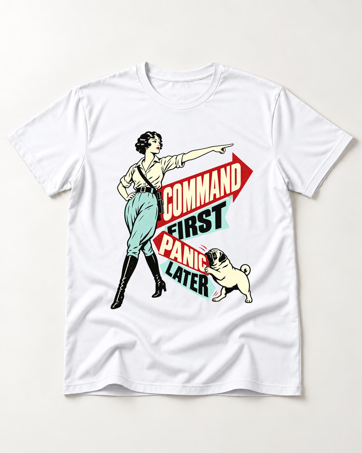 Pug Command First Panic Later Directional Graphic T-Shirt in White, flat lay product photo