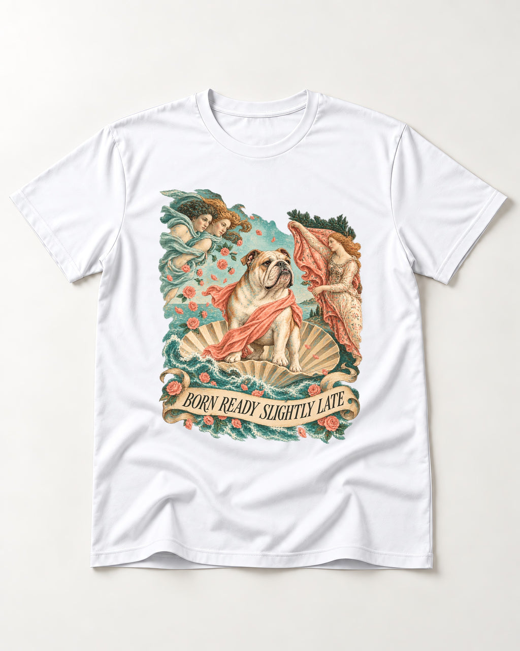 Born Ready Slightly Late English Bulldog T-Shirt in White, flat lay product photo