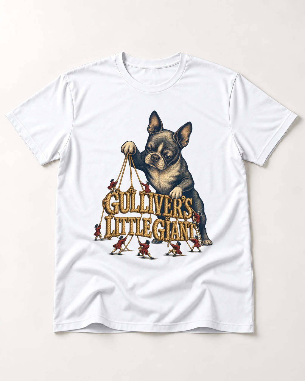 Boston Terrier Gulliver’s Little Giant T-Shirt in White, flat lay product photo