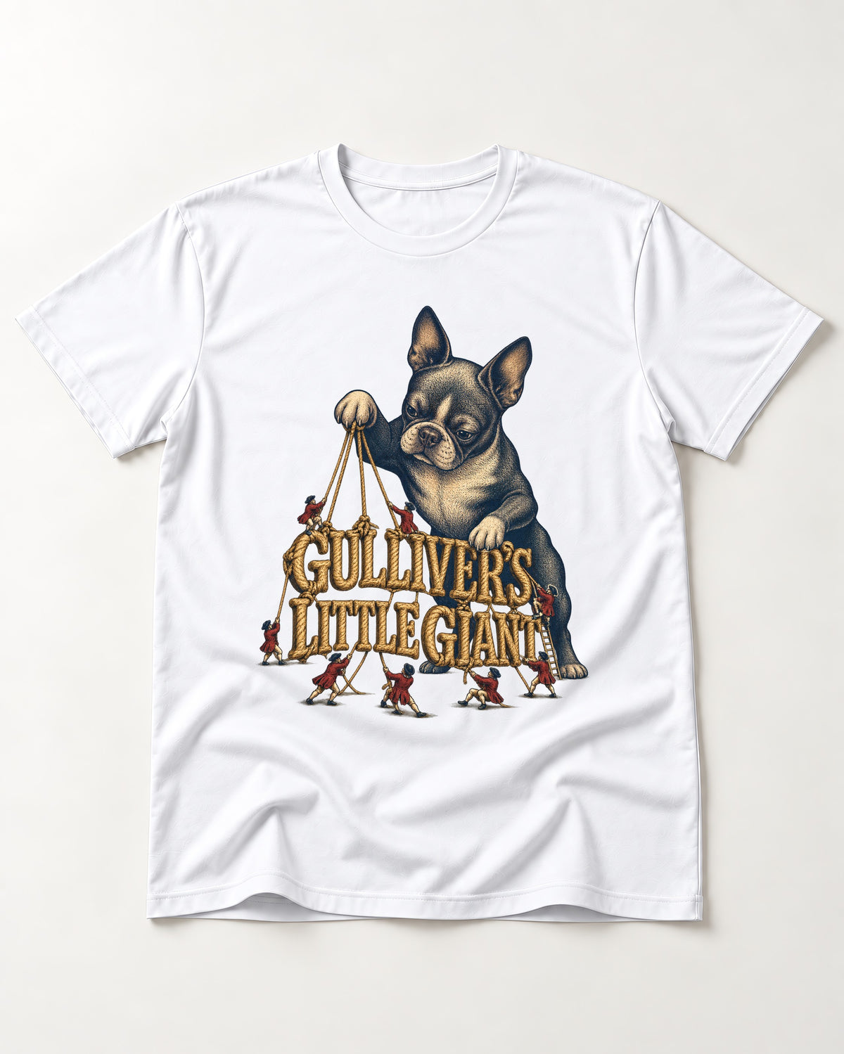 Boston Terrier Gulliver’s Little Giant T-Shirt in White, flat lay product photo