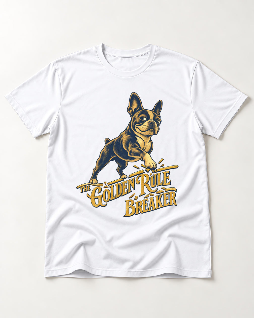 Boston Terrier Golden Rule Breaker T-Shirt in White, flat lay product photo