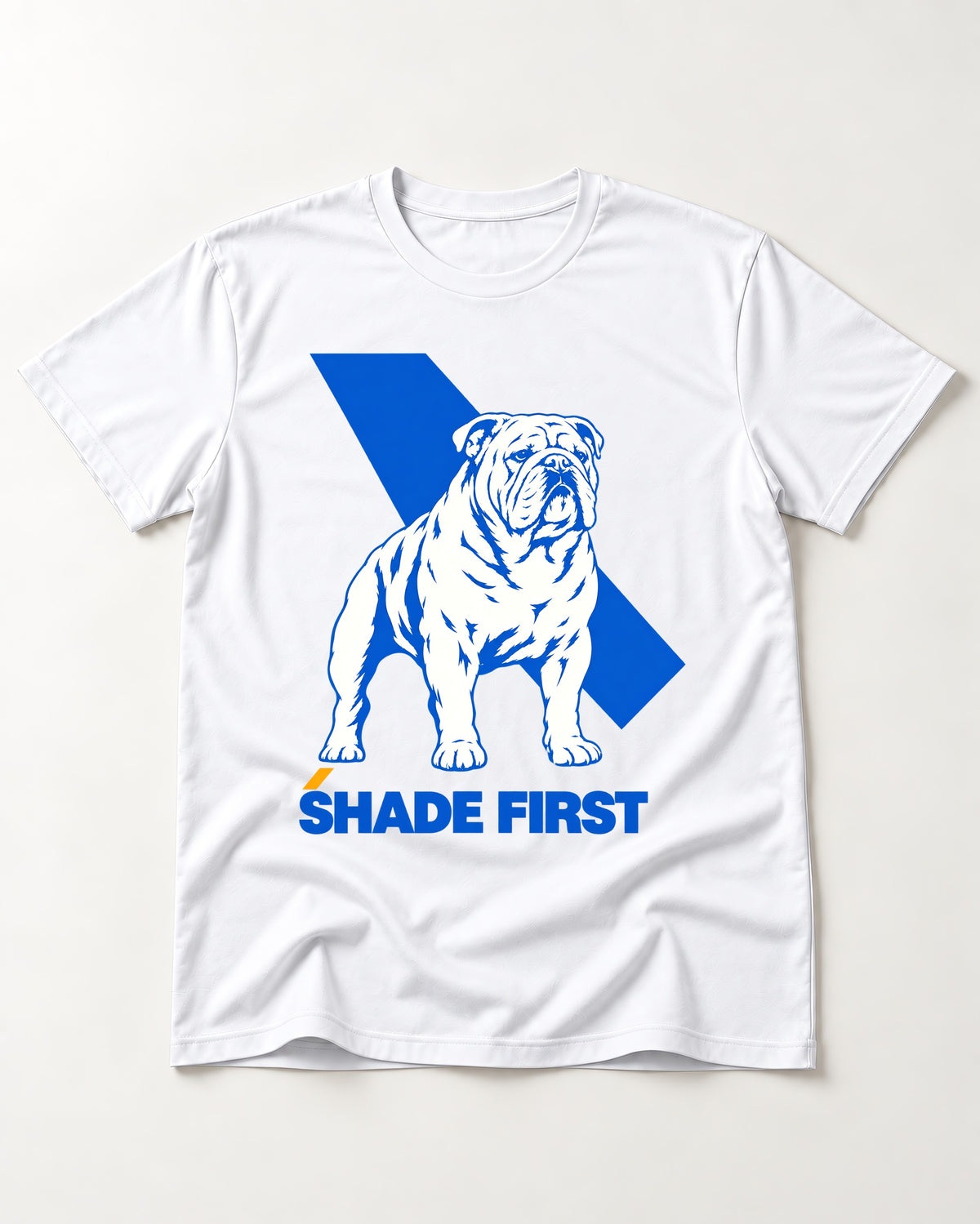 Shade First English Bulldog T-Shirt in White, flat lay product photo