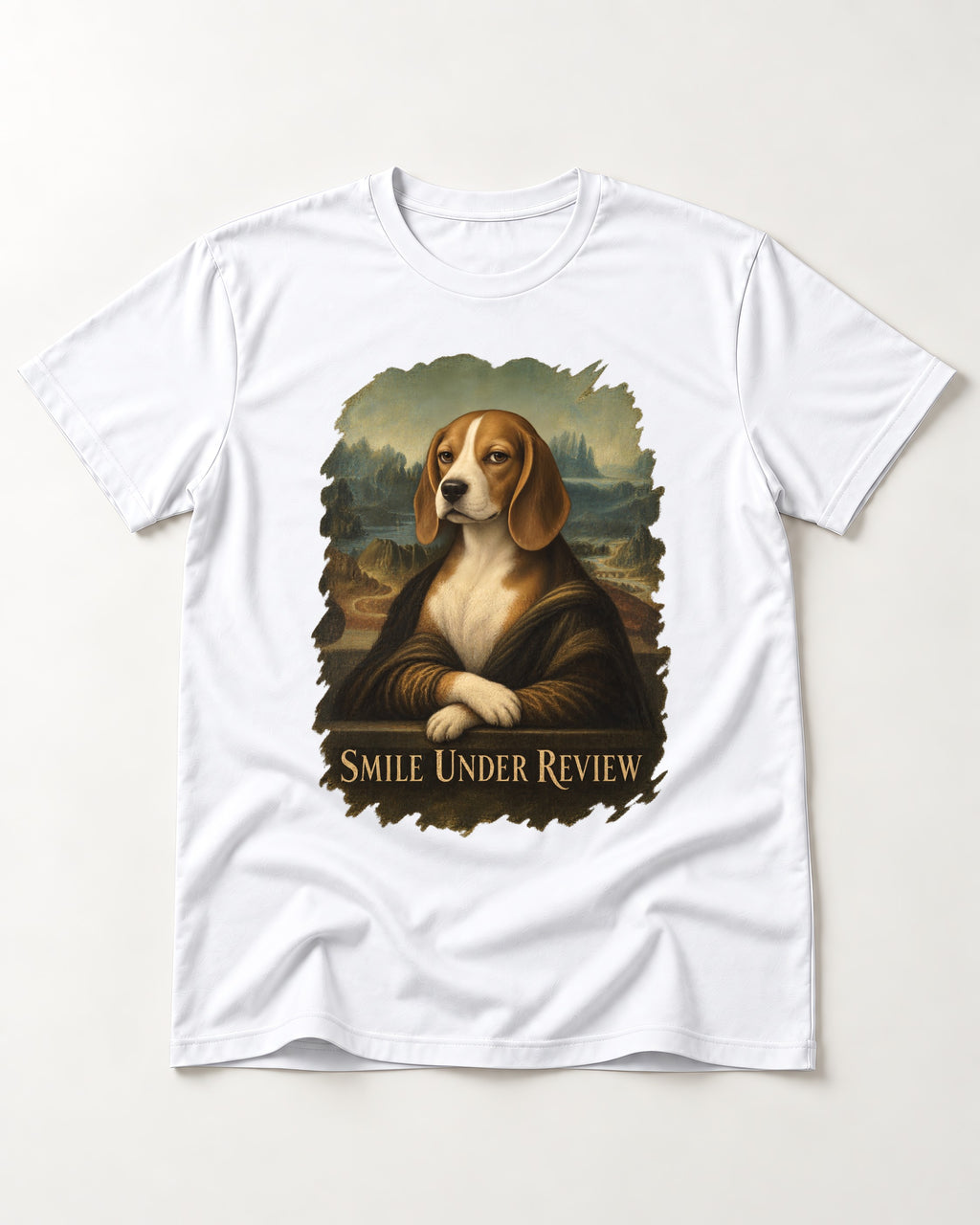 Smile Under Review Beagle Portrait T-Shirt in White, flat lay product photo