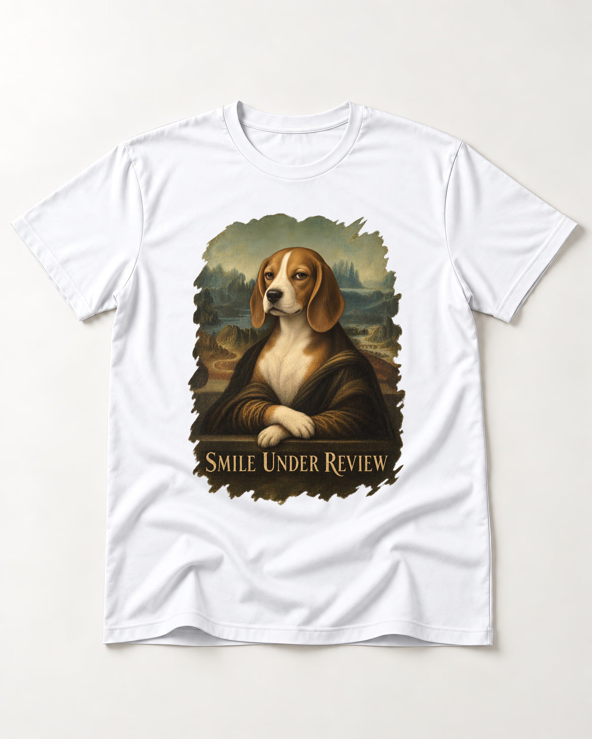 Smile Under Review Beagle Portrait T-Shirt in White, flat lay product photo