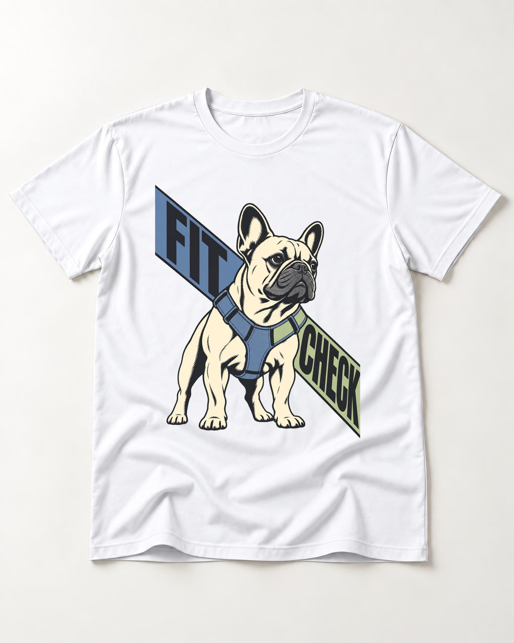 Frenchie Fit Check T-Shirt in White, flat lay product photo