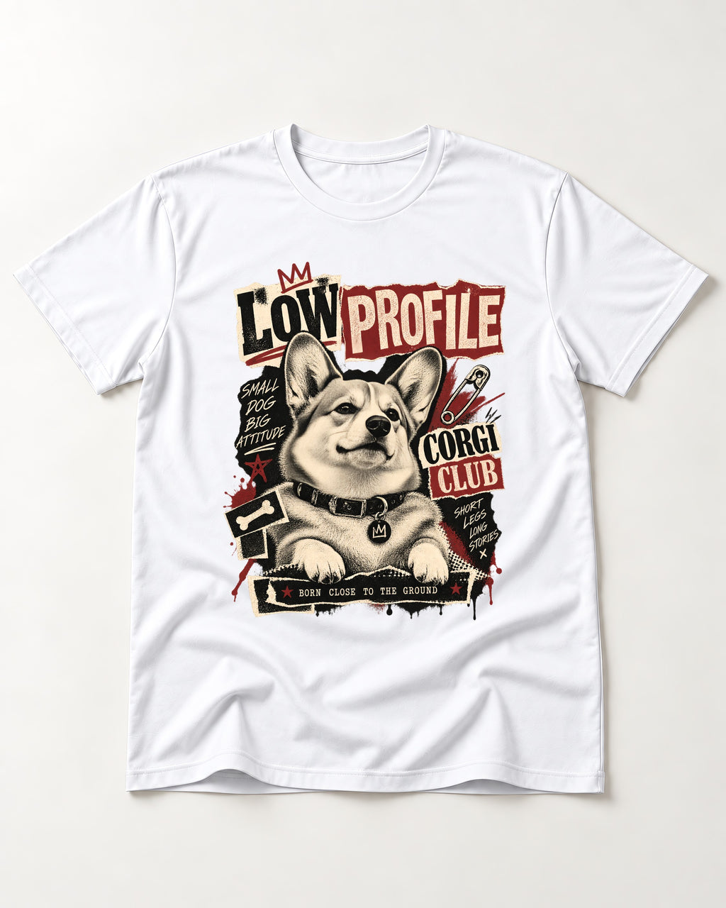 Corgi Low Profile Corgi Club Punk Collage Graphic T-Shirt in White, flat lay product photo