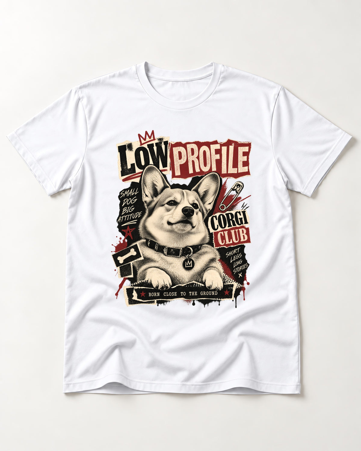 Corgi Low Profile Corgi Club Punk Collage Graphic T-Shirt in White, flat lay product photo