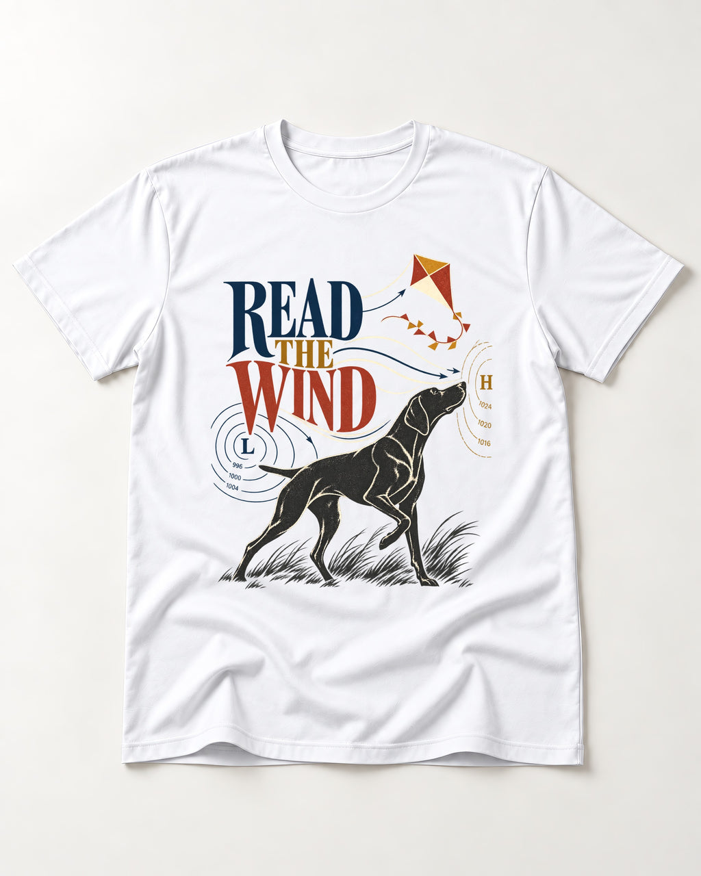 Read the Wind German Shorthaired Pointer T-Shirt in White, flat lay product photo