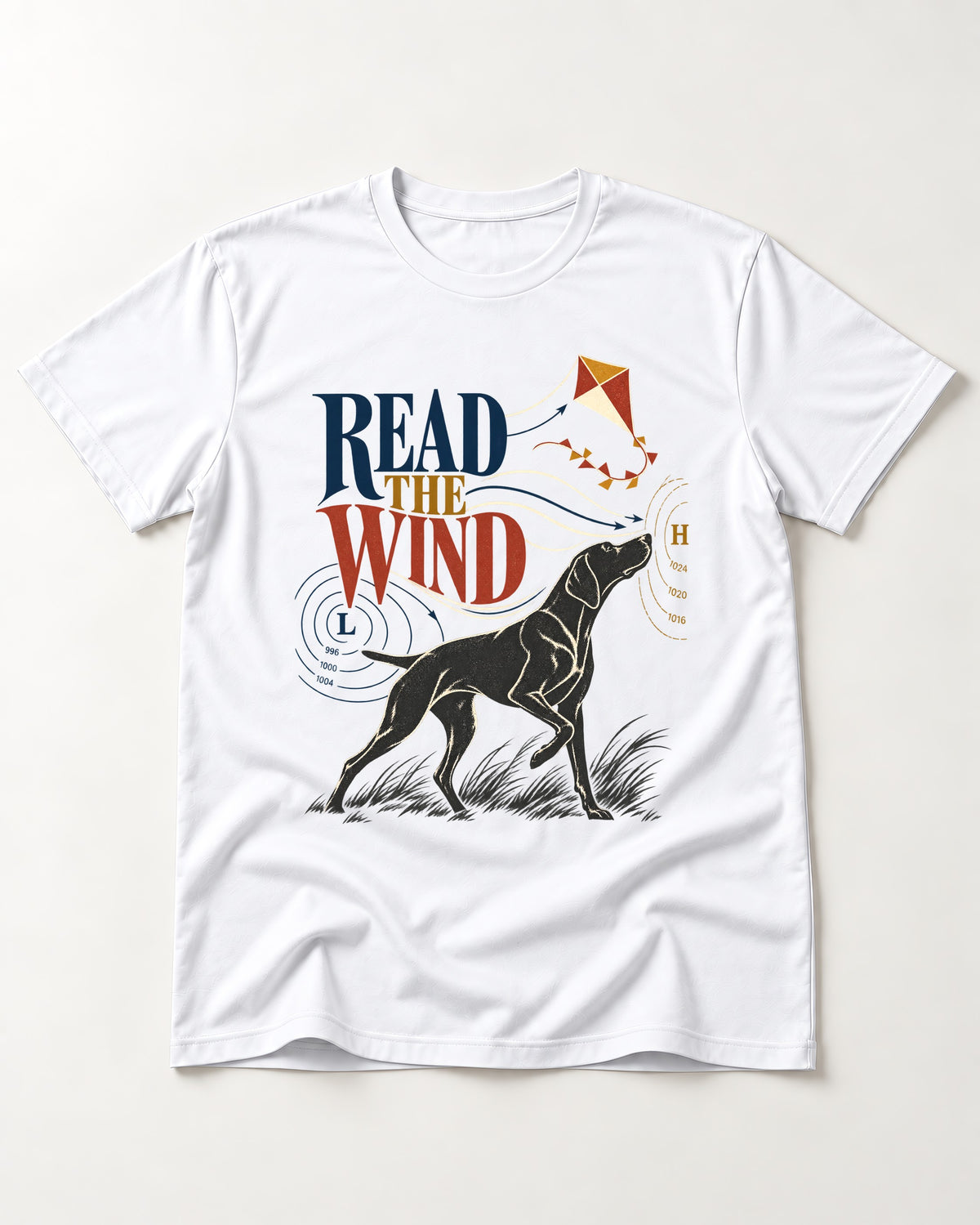 Read the Wind German Shorthaired Pointer T-Shirt in White, flat lay product photo