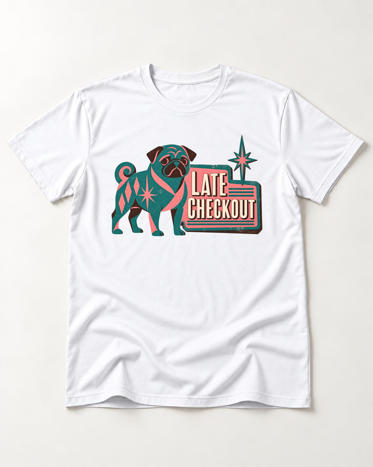 Pug's Late Checkout T-Shirt in White, flat lay product photo